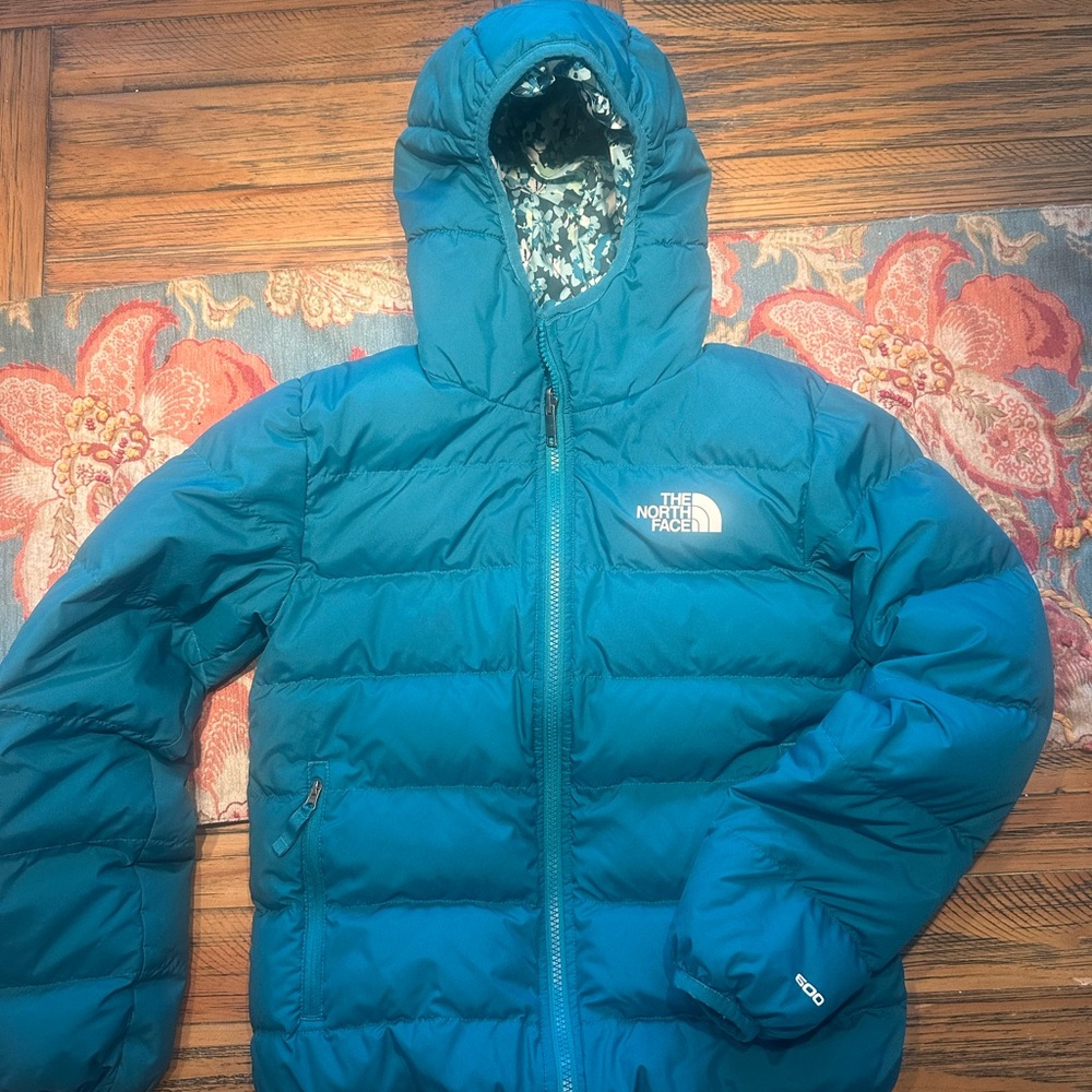 The North Face Kids Reversible Puffer Jacket Teal Blue and Floral